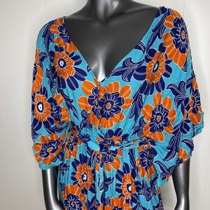 Blue/orange floral maxi dress with slits. Medium